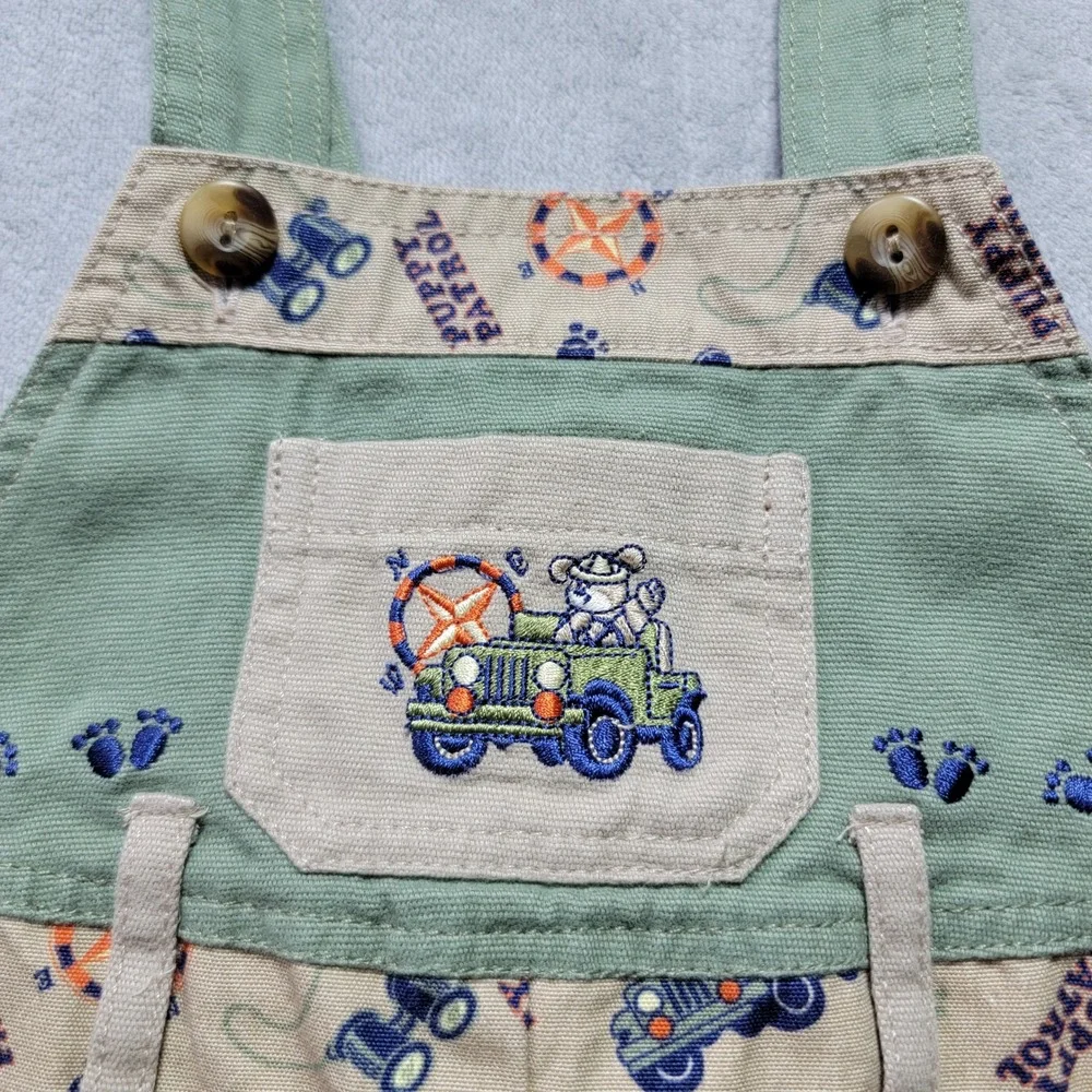 b.t. kids Vintage Puppy Patrol Jeep Shortall Overalls Khaki Green 6-9‎ Months